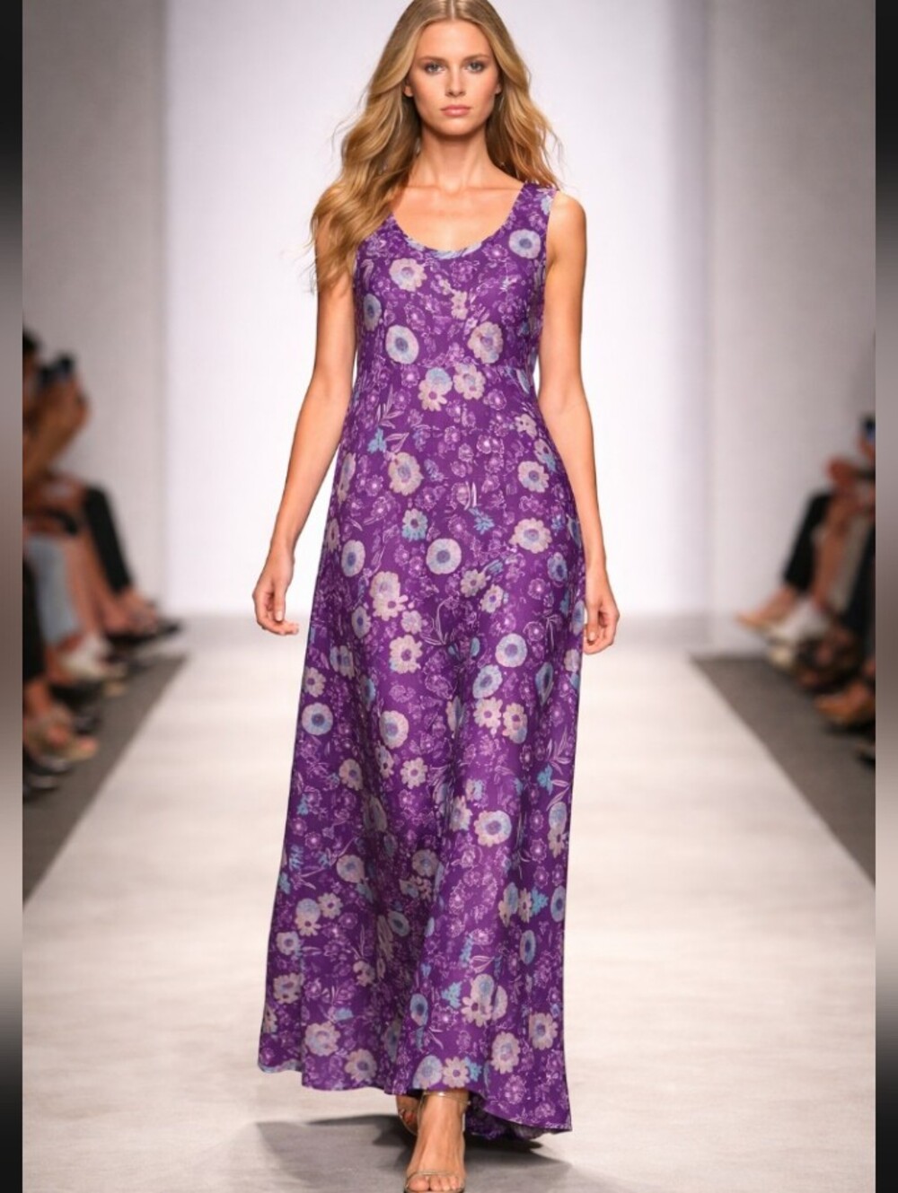 Sleeveless Purple Floral Maxi Dress with Scoop Neck